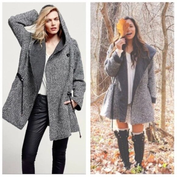 Free People Satellite Image Swing Coat Tweed Hooded Black White Women Size XS - Picture 1 of 16